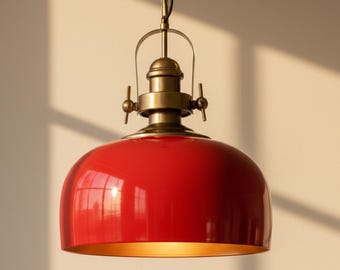 Red Pendant Light: Rustic Ceiling Lamp with Gold Interior for Kitchen