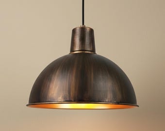 Aged Copper Color Light: Rustic Pendant Light with Gold Interior, Vintage Dome Ceiling Lamp