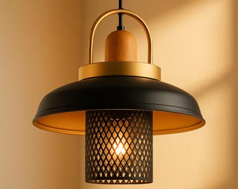 Black Pendant Light: Gold Interior Hanging Lamp with Industrial Mesh & Farmhouse Lamp Style