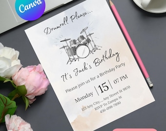 Drummer Birthday Invitation, Band Concert Birthday Invitation, Music Themed Birthday Party Invite, Rock and Roll Canva Instant Download