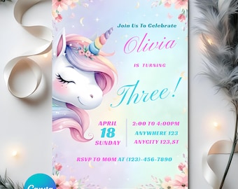 Vibrant Pink Unicorn Birthday Invitation, Sparkle Magical Party Invite, Editable Canva Template for Girls, Whimsical bday Instant Download