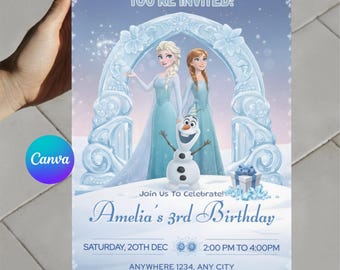 Frozen (Elsa and Anna) Birthday Invitation | Editable Canva Template Evite | Printable Party Invite for Girl | Instant Digital Download Card