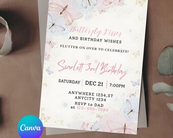 Butterfly Birthday Invitation, Girl Butterfly Party, Purple Butterfly Birthday Invite, First Birthday Invitation, Editable Canva Template