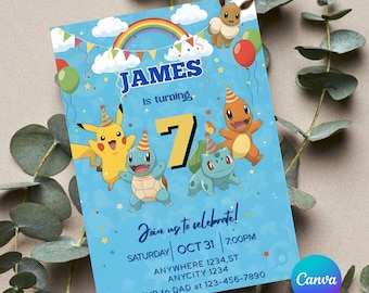 Birthday invitation Pokemon instant download digital invite Pokémon card themed invitation for birthday party, canva download