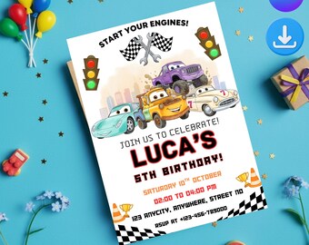 Cars Birthday Party Invitation, Lightning Mcqueen Birthday, Cars Party Invite, Second Birthday Party Invitation, Two Fast, 2, Canva Editable