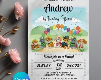 Editable Paw-ty Birthday Invitation Template | Puppy Patrol Pup Crew Boys & Girls Bday | Kids Printable Party Invitation | Instant Download