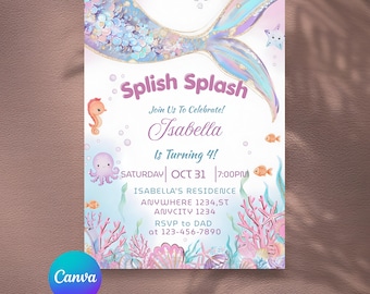 Editable Mermaid Tail Birthday Invitation, Girl Party Invite, Under the Sea Party, Mermaid Birthday Bash, Canva Template (Digital Download)