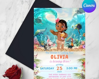 Moana Geburtstagseinladung | Bearbeitbare Canva Vorlage Evite | Printable Ocean Theme Party Invite für Mädchen | Sofortiger digitaler Download Karte