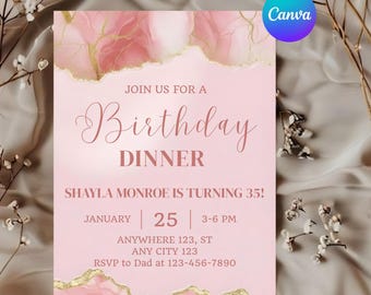 Elegant pink and Gold Birthday Dinner Invitation Template – Perfect for Formal Celebration, Easy to Customize in Canva for Your Special Day