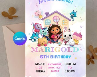 Editable Gabbys Dollhouse Birthday Invitation, Gabby Kids Party invites, Gabby's Printable Template, Digital Download Gabby Dollhouse Invite