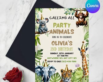 Calling All Party Animals Invitation, Party Animal Kids Birthday Invite, Cute Animals in Birthday Hats, Editable in Canva
