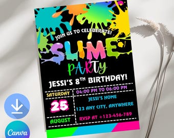 Neon Slime Birthday Invitation, Editable Slime Party Invite, Glow Birthday Card Template, Kids Slime Bday Canva Invite, slime theme party