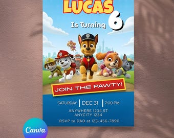 Editable Paw-ty Birthday Invitation Template, Kids Party Invitation, Puppy Patrol Pup Boys & Girls Bday, Instant Download
