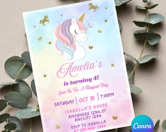 Unicorn Birthday Invitation | Pastel Rainbow Party Invite | Sparkle Design | Downloadable Printable Canva Template for Girls