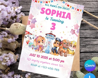 Puppy Patrol Birthday Invitation Template, Kids Paw-ty, Editable Canva (Instant Download)