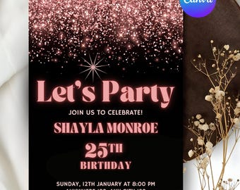 pink and black Glitter Birthday Invitation Template, Editable Canva Party Invite, Printable 5x7 & Mobile Version