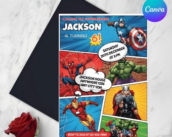 Avengers Party Editable Superheroes Birthday Invitation Template, Printable Superheroes Birthday Party Invitation Kids, Canva template
