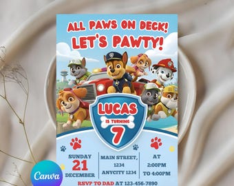 Editable Paw-ty Birthday Invitation Template | Puppy Patrol Pup Crew Boys & Girls Bday | Kids Printable Party Invitation | Instant Download