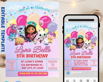 Editable Gabbys Dollhouse Birthday Invitation Gabby's Kids Birthday Pandy Template Printable Digital Download