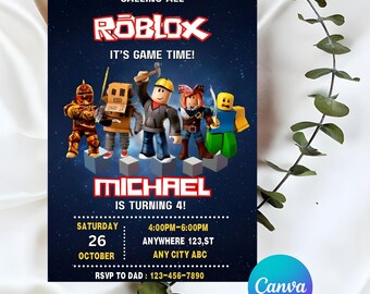 Roblox Invitation, Roblox Invite, Game Party, Roblox Boys Birthday Invitation Template, Game Birthday, Kids Roblox, Editable Template, Canva