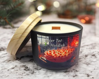 Tater Tot Hotdish Casserole Scented Midwest Humor Winter Holiday Potluck Cozy Crackling Wood Wick Soy Candle