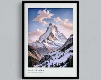 May include: A framed print featuring a scenic view of the Matterhorn mountain in Switzerland. The artwork depicts the snow-capped peak under a blue sky with fluffy clouds. The print includes the text "MATTERHORN, SWITZERLAND, EUROPE."