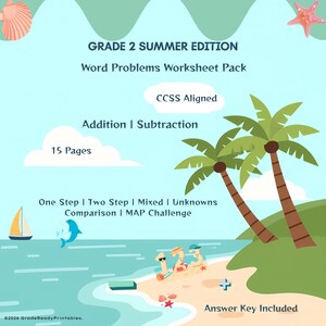 Puede incluir: Un paquete de hojas de trabajo de problemas matemáticos para el nivel Grade 2 Summer Edition, con 15 páginas de sumas y restas. El documento está alineado con CCSS e incluye problemas de uno y dos pasos, mixtos, comparaciones y retos MAP.