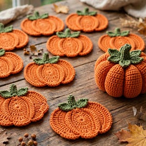 May include: A collection of orange crocheted pumpkin coasters with green stems and leaves, accompanied by a single three-dimensional crocheted pumpkin with a prominent green stem and leaf detail, arranged on a rustic wooden surface.