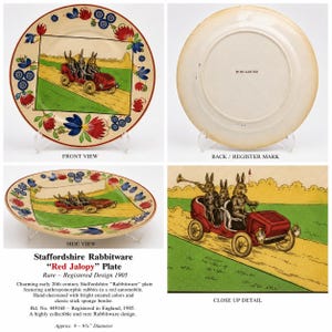 May include: A round ceramic plate featuring a colorful illustration of three rabbits riding in a red automobile on a yellow road. The border displays blue and red floral patterns. The back shows the text Rd No 449168. The plate is 9 to 9.25 inches.