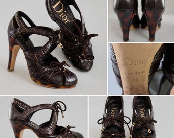 Dior Braun Kroko Geprägte Leder Schnürschuhe Heels Schildpatt Stiletto Größe 36