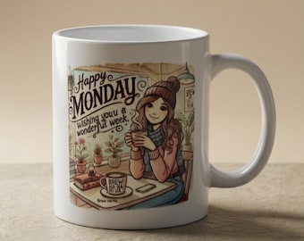 Caneca de café "Feliz Segunda-feira" – Ilustração aconchegante e boas vibrações