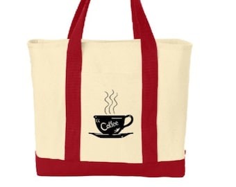 Canvas Tote Bag – Retro Coffee Cup Graphic, Red Handles, Market Bag
