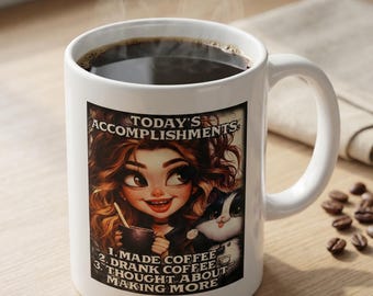 Caneca engraçada para amantes de café com a frase "Conquistas de hoje" - 325 ml