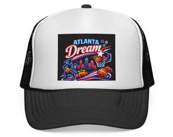 Boné Trucker com estampa retrô neon do Atlanta Dream, time de basquete e horizonte da cidade | Design esportivo com inspiração retrô