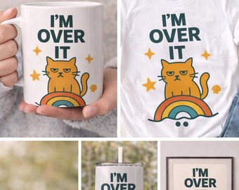 Gato PNG "Ya lo superé" / Clipart con frase divertida de gato retro / Descarga digital de gato arcoíris para camisetas e impresiones