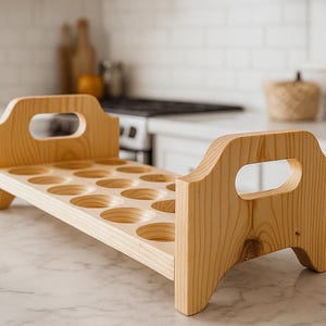May include: A natural wooden egg holder. The holder features a rectangular base with circular cutouts for eggs and arched handles at each end. The design is simple and functional, suitable for kitchen use.