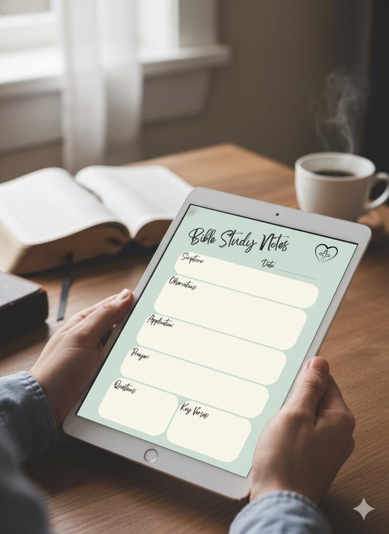 May include: A digital tablet displaying a Bible study notes template. The screen features headings for Scripture, Observations, Application, Prayer, Questions, and Key Verses. A heart and cross logo is in the upper right corner. An open book and a cup of coffee are in the background.