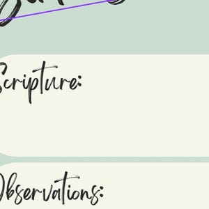 May include: A digital planner page with the words "Scripture" and "Observations" in black script. The background is a light green and cream color scheme, with a purple angled line at the top.