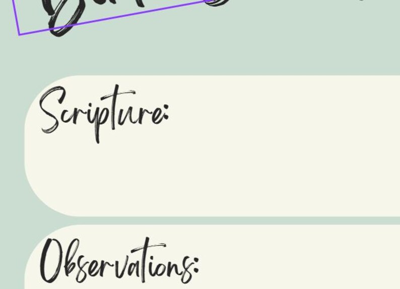 May include: A digital planner page with the words "Scripture" and "Observations" in black script. The background is a light green and cream color scheme, with a purple angled line at the top.