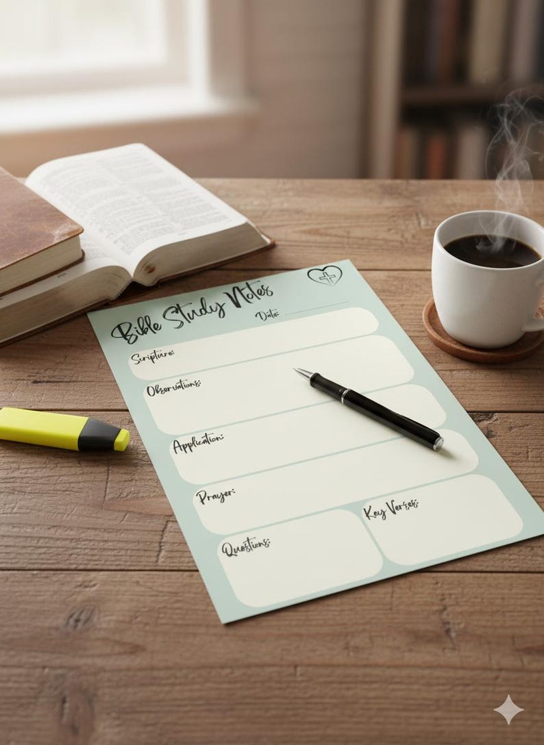 May include: A Bible study notes sheet with sections for Scripture, Observations, Application, Prayer, Questions, and Key Verses. A pen, highlighter, open book, and a cup of coffee are on a wooden surface.