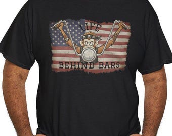 Life Behind Bars Biker T-Shirt, Motorcycle Ape Flag Tee