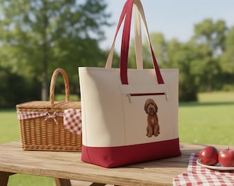 Goldendoodle Dog Portrait Canvas Tote Bag, Zippered Shoulder Bag
