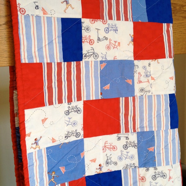 Free Shipping - Boys at Play - Baby Boy Quilt in Blue and Red