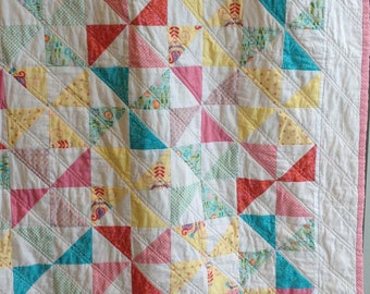 Made to Order - Brights and Pastels Pinwheel Baby Quilt - Square crib quilt in shades of pink, yellow, and blue
