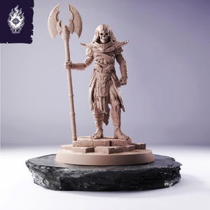 May include: A beige-colored figurine of a skeletal warrior holding a large axe. The figure is standing on a tiered platform atop a dark, textured base. The warrior is adorned with armor and bandages, with a skull-like head.
