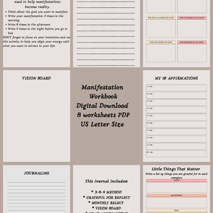 May include: A beige digital manifestation workbook with eight worksheets in US letter size. Pages include The 3-6-9 Method, a Monthly Reflection, a Vision Board, My 10 Affirmations, and Journaling pages with lines and text prompts for daily intentions.