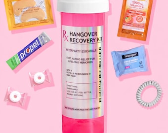 May include: A pink hangover recovery kit with various afterparty essentials. The kit includes a bottle with text, eye masks, vitamin C packets, makeup remover wipes, Propel packets, mints, and a white hair tie, all on a pink background.