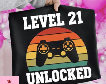 Level 21 Unlocked Funny Video Gamer 21st Birthday T-Shirt PNG Gamer Birthday Design Retro Controller Level Up SVG  download