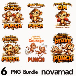 Op de afbeelding: Een digitale kunstbundel met zes cartoon aap illustraties met motiverende zinnen als "Choose Courage" en "Fear Less". Elk ontwerp bevat het woord "PUNCH" in vette letters. De bundel is gelabeld "6 PNG Bundle novamad."