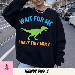May include: Black sweatshirt with the text "WAIT FOR ME" in blue, a green dinosaur graphic, and the text "I HAVE TINY ARMS" in orange. The sweatshirt is a casual style.
